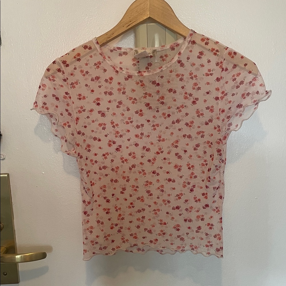 Altar'd State Pink floral mesh baby tee with lettuce edge